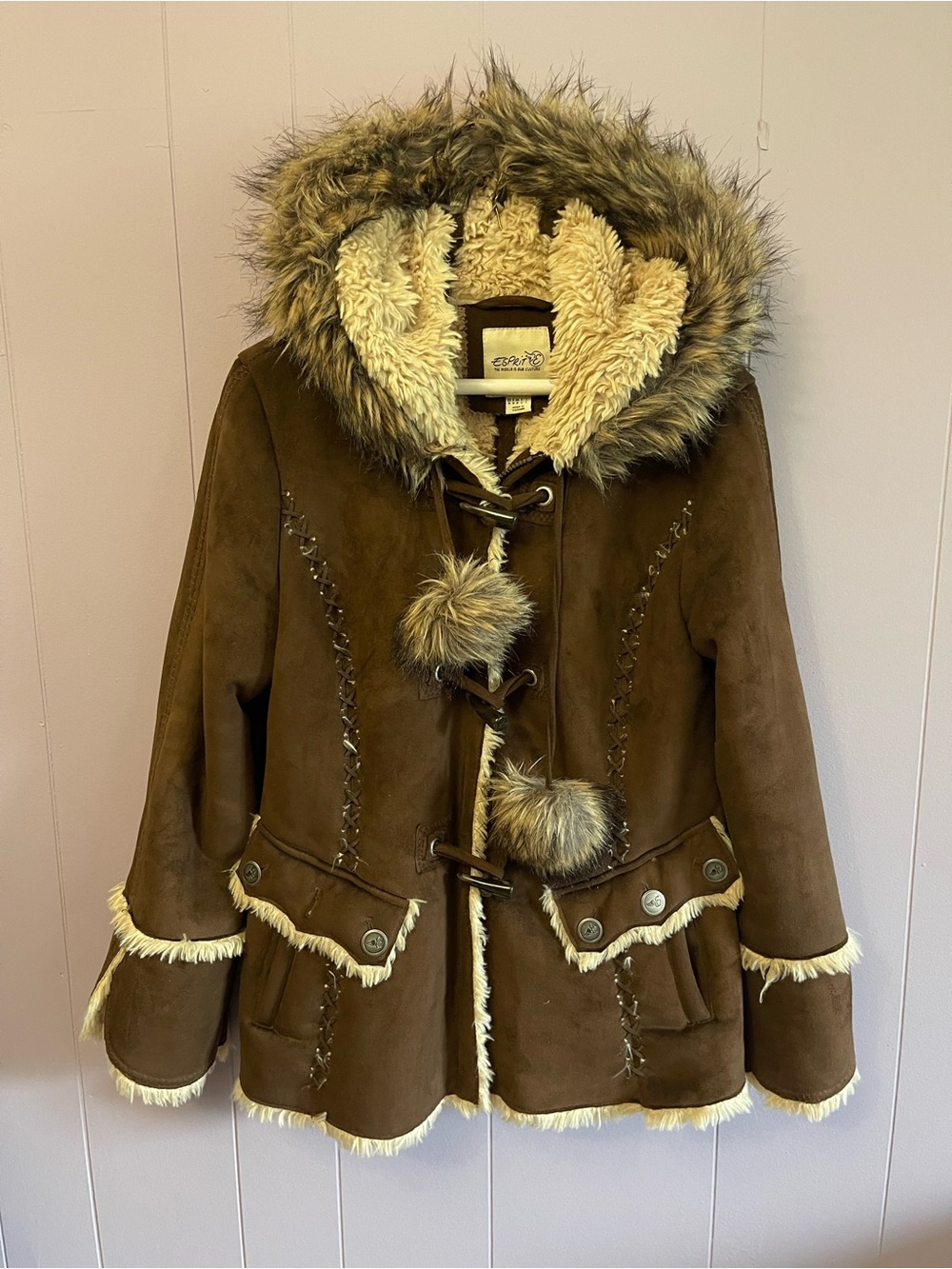 Esprit Brown Faux-Suede Teddy-Lined Hooded Toggle Coat